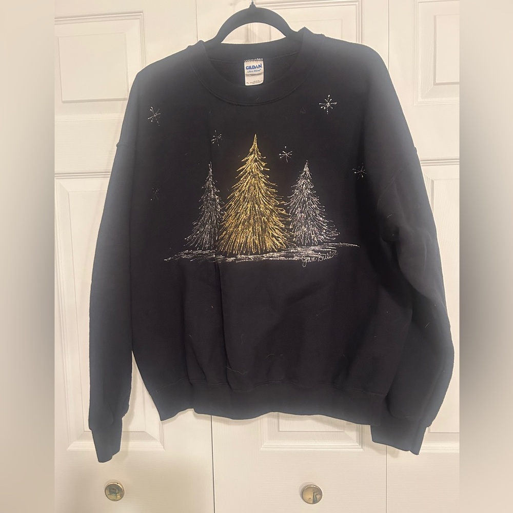 Christmas Gildan Black Crewneck Sweater with Gold and Silver Tree Design